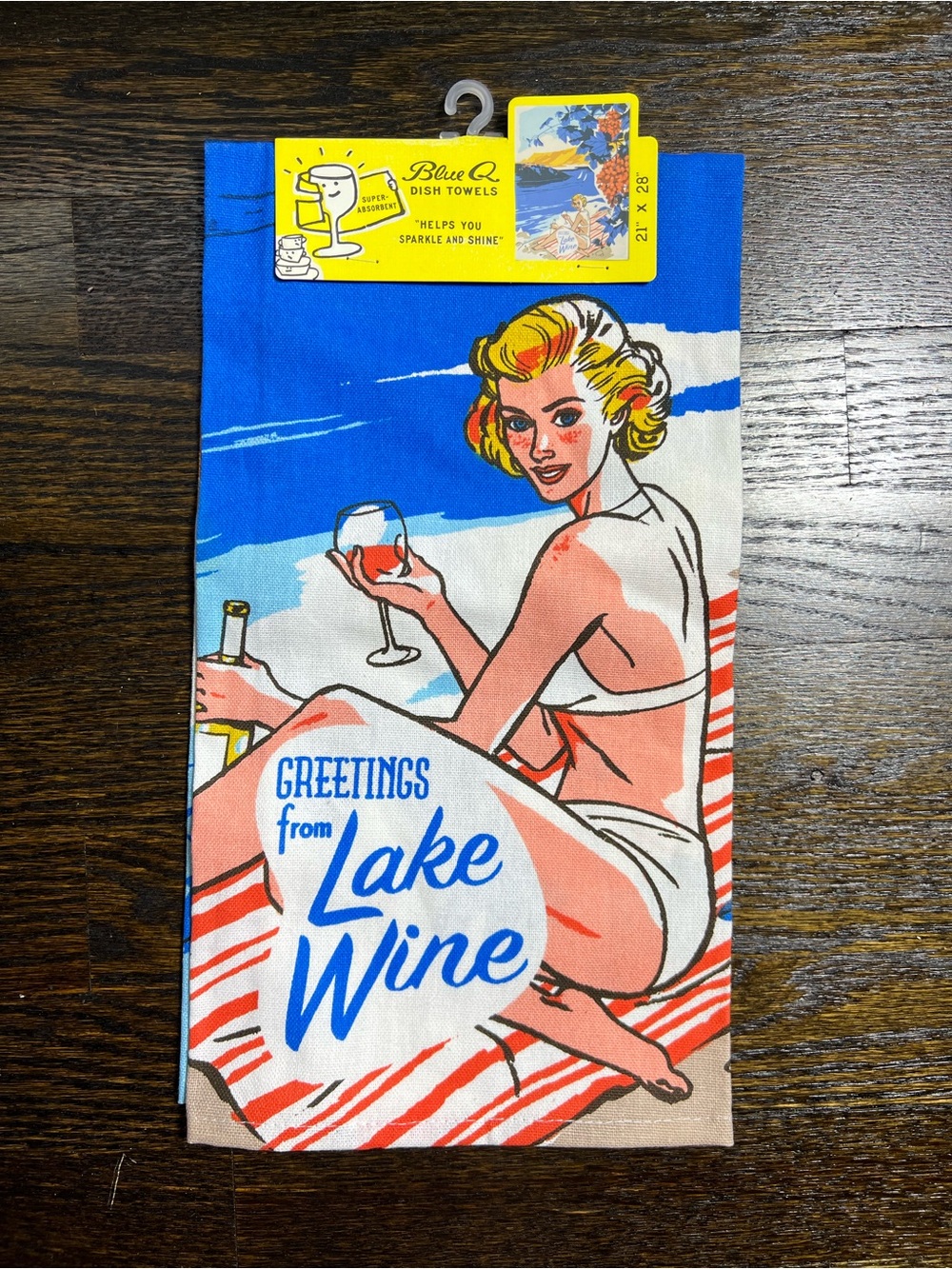 NWT Blue Q “Greetings from Lake Wine” Retro Dishtowel 100% Cotton
